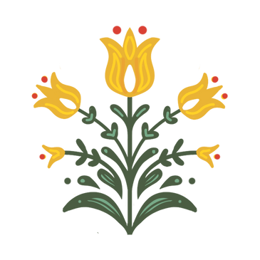 Stylized yellow tulip flowers with green leaves and red accents in a symmetrical design.
