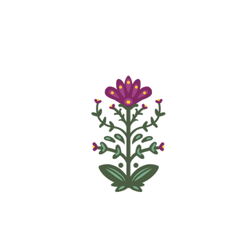 Stylized purple flower with green leaves and yellow accents.