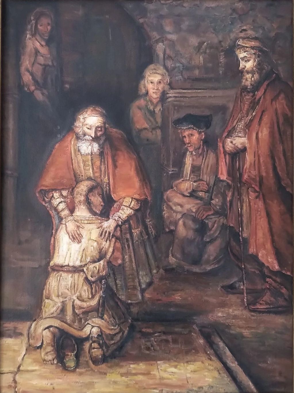 A historical scene of a man kneeling before elders in a dimly lit room.