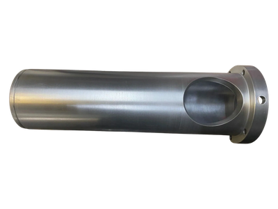 A cylindrical metallic pipe with a flange and a large cutout section.