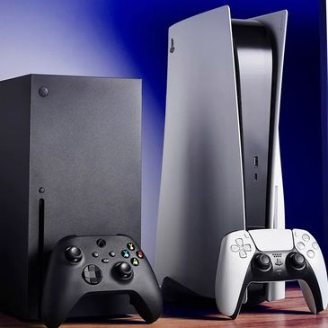 Xbox Series X and Playstation 5 consoles and controllers