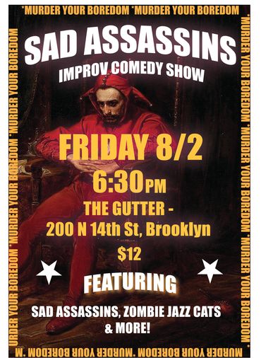 A poster display for the touring NYC comedy show 'Sad Assasins'