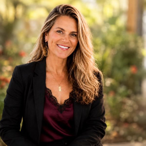 Smiling woman with wavy blonde hair in black blazer and maroon top.