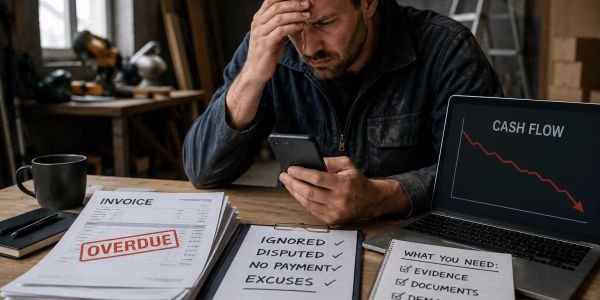 Man stressed over overdue invoices and declining cash flow on laptop.