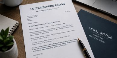 Letter before action and legal notice documents with pen and laptop.