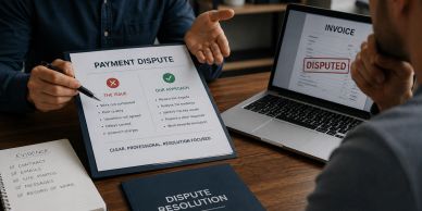 Two people discussing a payment dispute with documents and a laptop showing 'Disputed'.