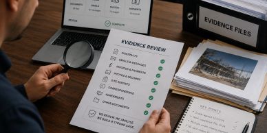 Person reviewing evidence checklist with magnifying glass at desk.