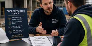 Two men discussing subcontractor support services at a construction site.