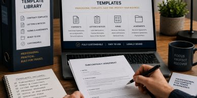 Person reviewing subcontract agreement at a desk with contract templates and notes.