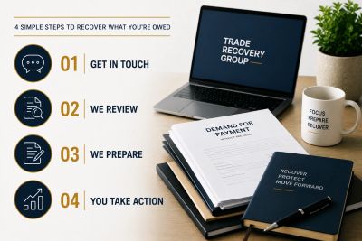 A desk setup showing a four-step recovery process and related office items.