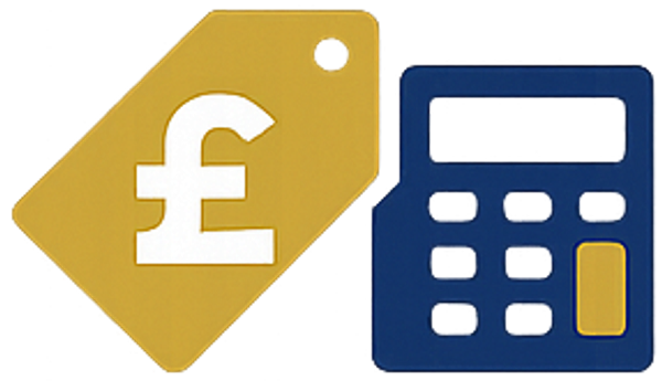 A price tag with a pound symbol next to a calculator.