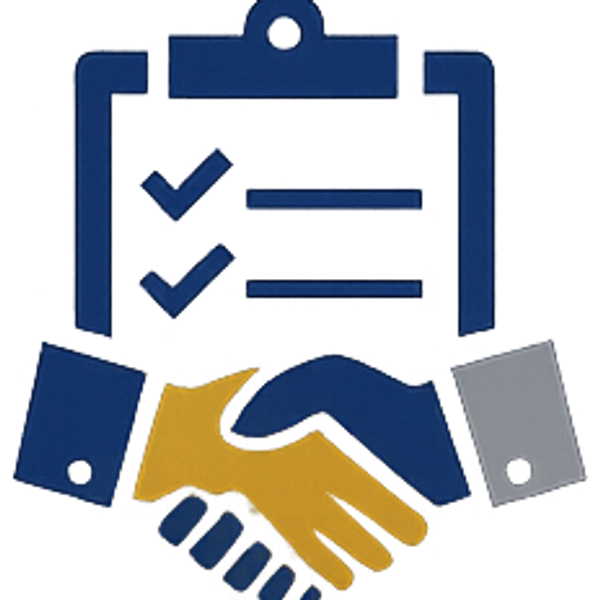 Handshake in front of a clipboard with checkmarks symbolizing agreement.