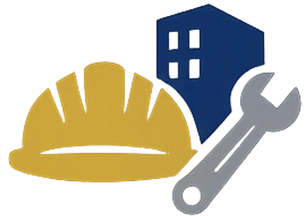 Construction helmet, wrench, and building icon representing construction and maintenance.