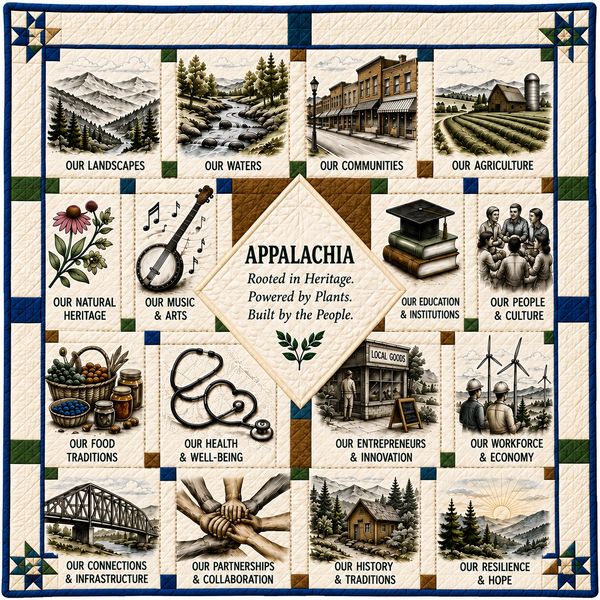 Quilt illustrating Appalachian heritage and community elements.