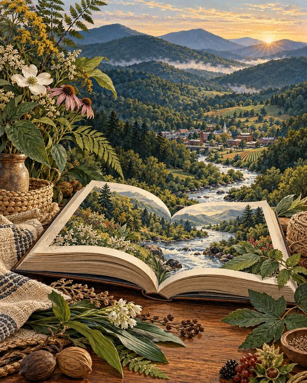Open book blending into a scenic landscape with river and mountains.