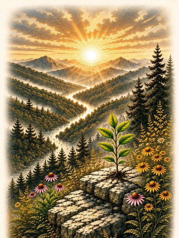 Sunrise over a winding river in a lush mountainous forest.
