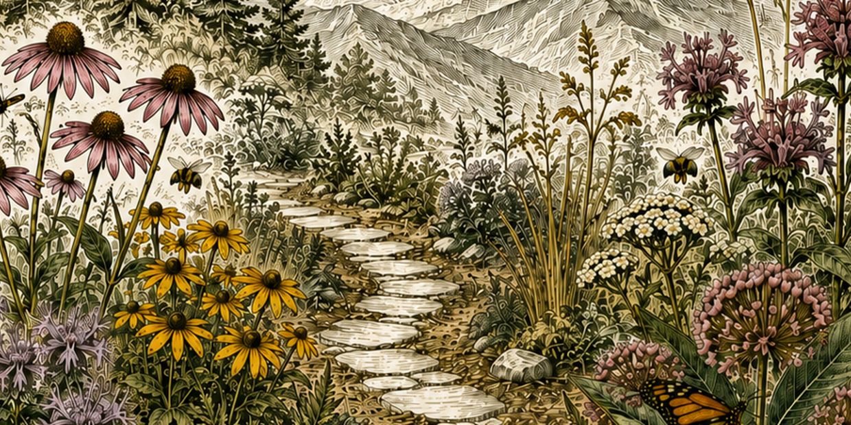 Illustration of Appalachian mountains, native wildflowers, and pollinators along a stone path.