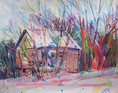 "Lerew Barn York Springs" Crayon Resist Painting LarryLerew.com.  Family barn in snow no longer up.