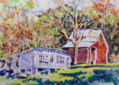 "Chicken House and Wagon Shed" Crayon Resist Painting LarryLerew.com farm landscape Dillsburg, PA