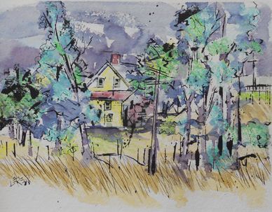 "Eisenhower View" Crayon Resist Painting LarryLerew.com the herdsman's house as seen by Eisenhower.