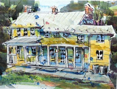 "Such A Pretty Face" Crayon Resist Painting LarryLerew.com yellow farmhouse with metal roof.