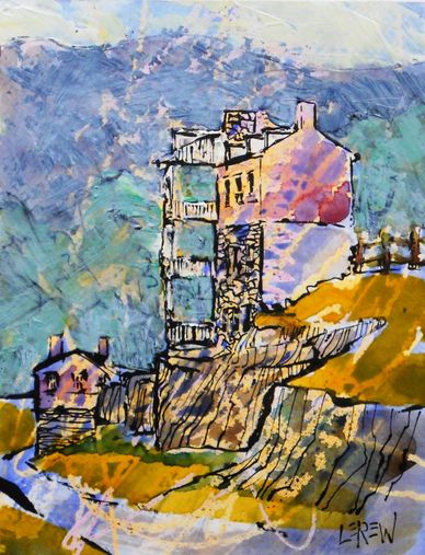 "Three Stories At Harper's Ferry" Crayon Resist Painting LarryLerew.com West Virginia landscape.