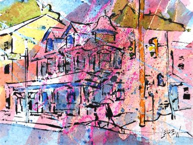 "Walking Home" Crayon Resist Painting Main and York Sts., Mechanicsburg, PA.  by LarryLerew.com