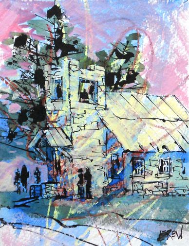 "Morning Service" Crayon Resist Painting LarryLerew.com country church morning service bell tower.