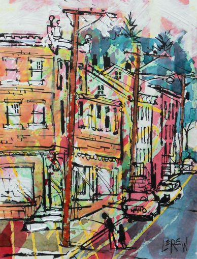 "Corner Store" Crayon Resist Painting by LarryLerew.com. Inspired by York Street, Dillsburg, PA.