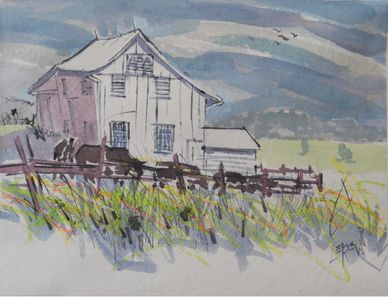 "Klingle Farm Gettysburg" Crayon Resist Painting LarryLerew.com Battlefield farm bringing in the cow