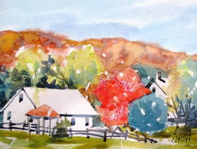 "Orange Mountain" Crayon Resist Painting LarryLerew.com white barn with colorful fall trees.