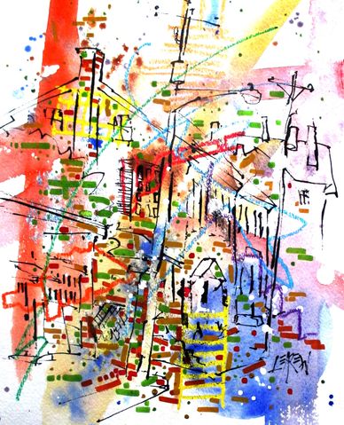 "Happy Town" Crayon Resist Painting LarryLerew.com abstract inspired by house shapes and colors.