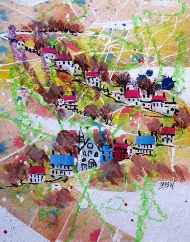 "Hill Town" Crayon Resist Painting LarryLerew.com a town built up and down a hillside, nothing level