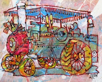 "Red Nosed Steam Tractor" Crayon Resist Painting LarryLerew.com steam engine with canopy and whistle