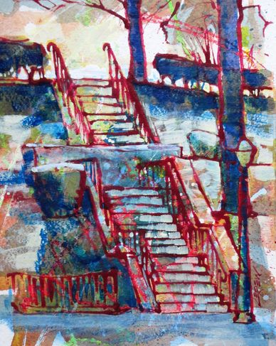"Italian Lake Stairs" Crayon Resist Painting LarryLerew.com  Beautiful Harrisburg, PA City Park.