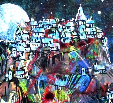 "Once Upon A Midnight Town" Crayon Resist Painting LarryLerew.com fantasy art village on a cliff.
