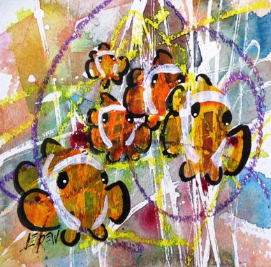 "Clownfish Party" Crayon Resist Painting LarryLerew.com happy orange clownfish swimming forward.