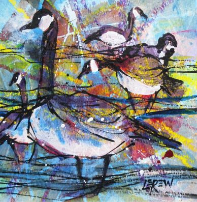 "Geese" Crayon Resist Painting LarryLerew.com Canada geese feeding.
