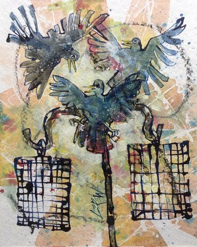 "Feeding Frenzy" Crayon Resist Painting LarryLerew.com Starlings have arrived and always eat it all.