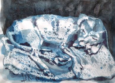 "Winter Dog Nap" Crayon Resist Painting LarryLerew.com pet portrait black dog on dog bed.