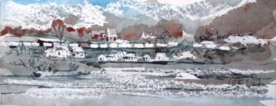 "String Of Pearls" Crayon Resist Painting LarryLerew.com freight train moving past Marysville, PA.