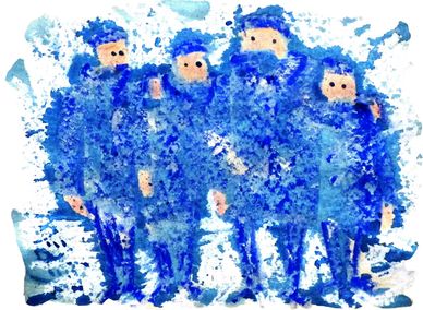 "Cold Patrol" Crayon Resist Painting LarryLerew.com bundled up in snow suits for cold weather.