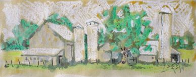 "Full Silo" Crayon Resist Painting LarryLerew.com white farm buildings three silos.