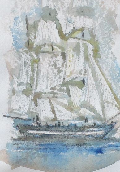 "Tall Sails" Crayon Resist Painting LarryLerew.com white sailing ship in full sails.
