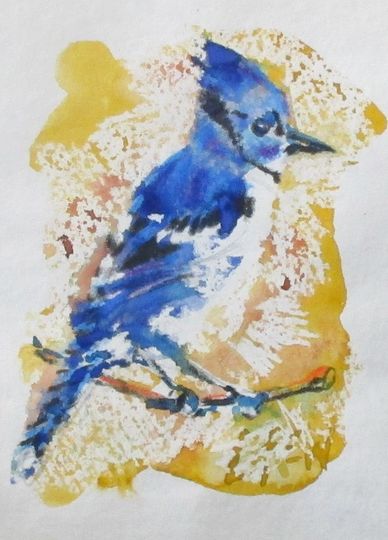"Blue Jay Bird" Crayon Resist Painting LarryLerew.com songbird portrait.