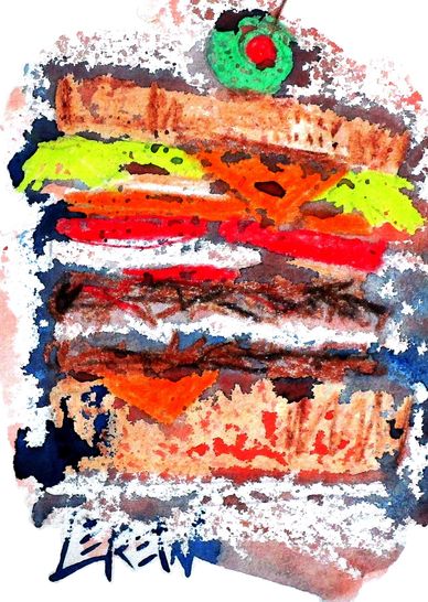 "Cheeseburger Sandwich" Crayon Resist Painting LarryLerew.com delicious cheeseburger with toppings.