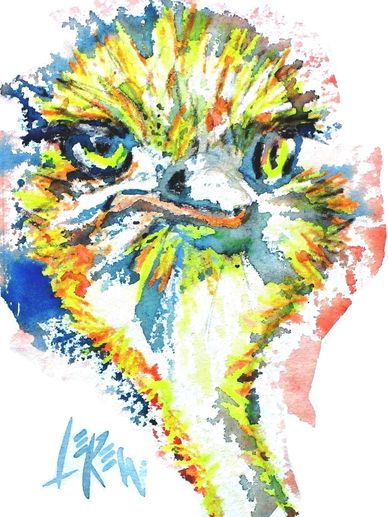 Crayon Resist Ostrich portrait. "Bird Brain" by Larry Lerew available print.