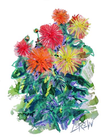 "Dahlias" Crayon Resist Painting LarryLerew.com flowers in full bloom on plants.