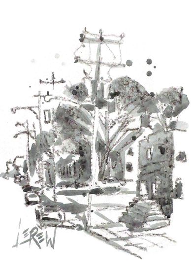 "Power Poles On Gettysburg Street" Crayon Resist Painting LarryLerew.com street scene Dillsburg, PA.