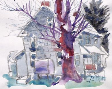 "Water Street Dillsburg" Crayon Resist Painting LarryLerew.com shingle house mature tree fuel tank.
